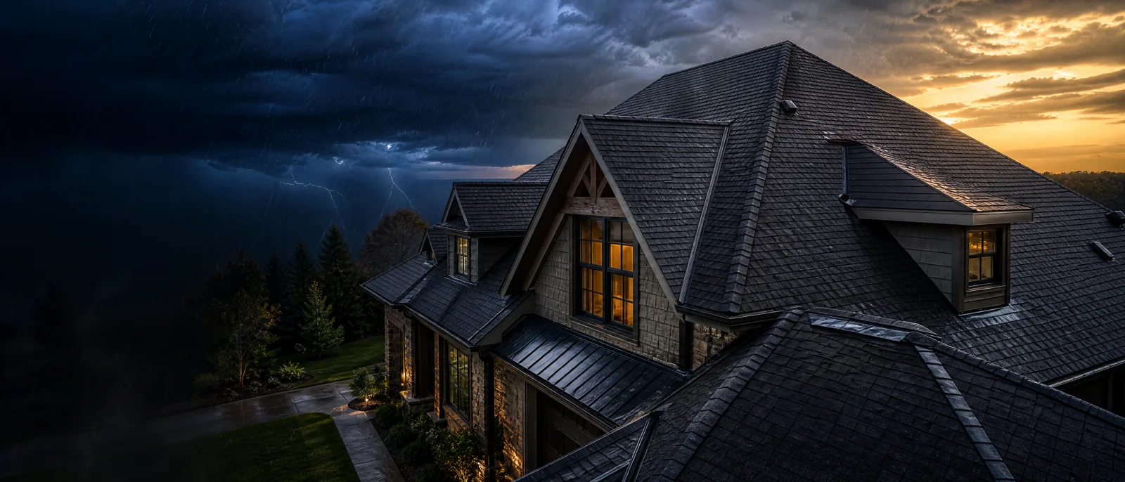 Storm Doctor cinematic exterior of an Ohio home under a dramatic storm sky at dusk