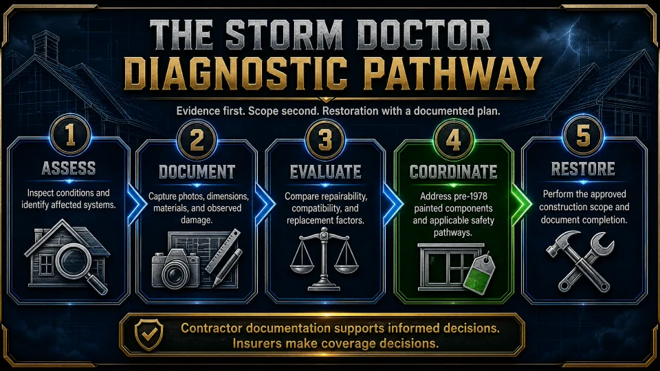 Diagram of the Storm Doctor restoration diagnostic pathway, from documented assessment and photo-based documentation through plain-language findings, second opinion, and code-conscious restoration.